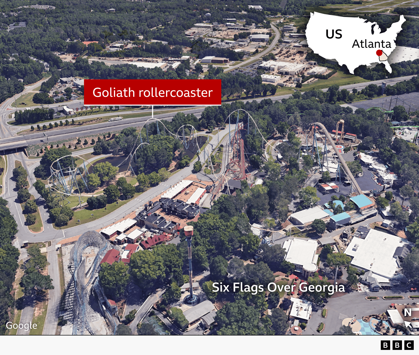 Aerial view of the Goliath rollercoaster