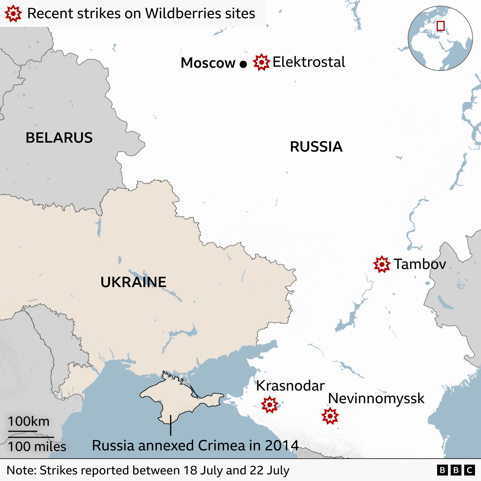 Map of Eastern Europe highlighting Wildberries strike sites