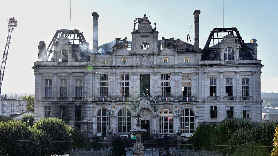 Charred façade of Limoges town hall