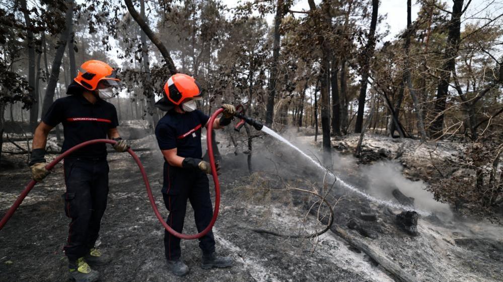Two black‑clad firefighters with orange helmets hold a red hose as they spray water on to burned ground in a dense forest
